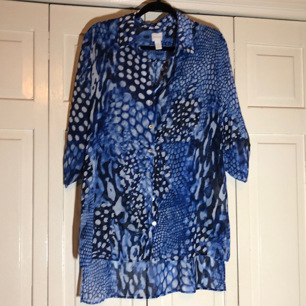 Chico’s Blouse Swim CoverUp Semi Sheer Water Colored print SZ 2 or Large R2